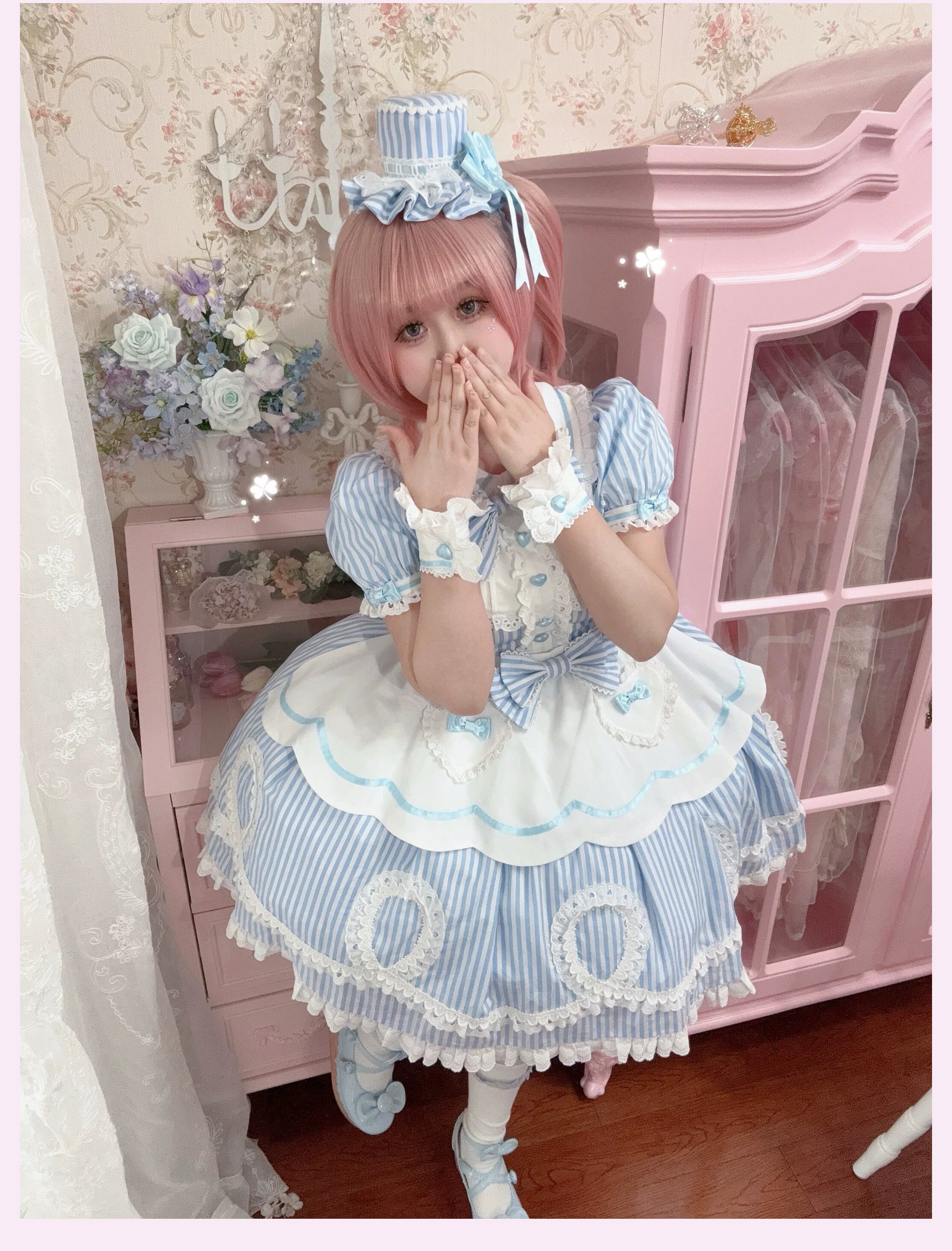 Candy Shop Manager - Old School Lolita Striped OP Dress, Detachable Apron 44788:822079