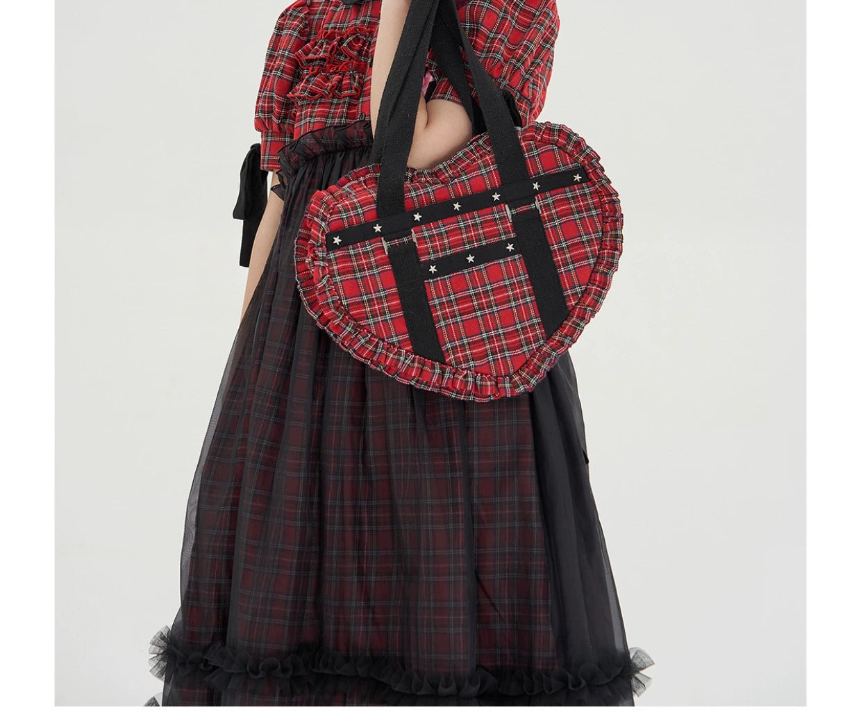 Soso Meme Club - Vintage Lolita Heart Shaped Plaid Dot Print JK Uniform Bag