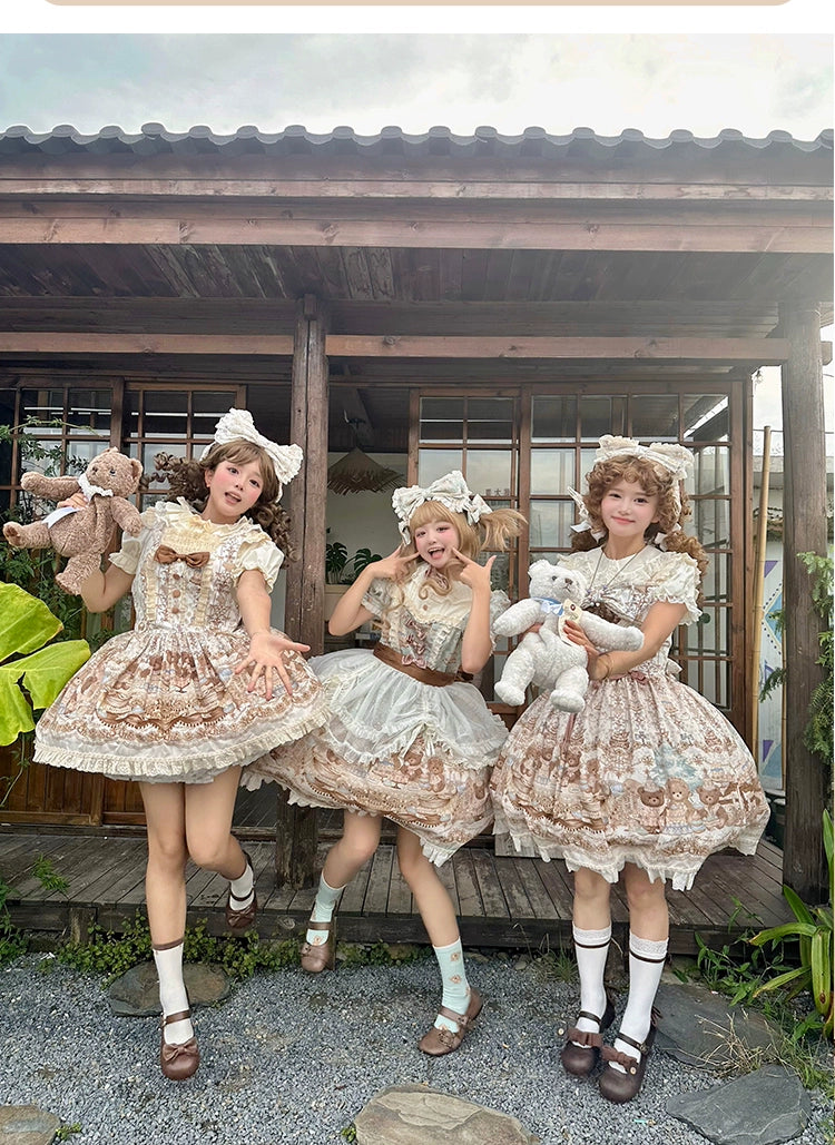 Wendy's Wardrobe - Macaron Bear - Cotton Kawaii Lolita Dress Suit, Bear & Dessert Print