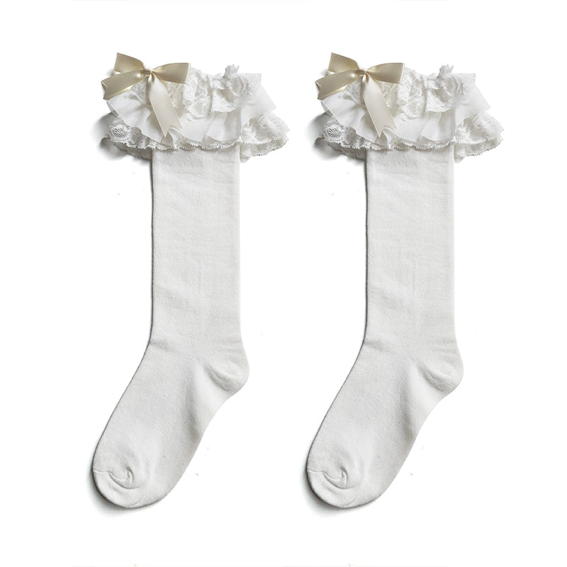 WAGUIR - Lolita Bow Cotton Socks Lace Socks One Size White - Long Version