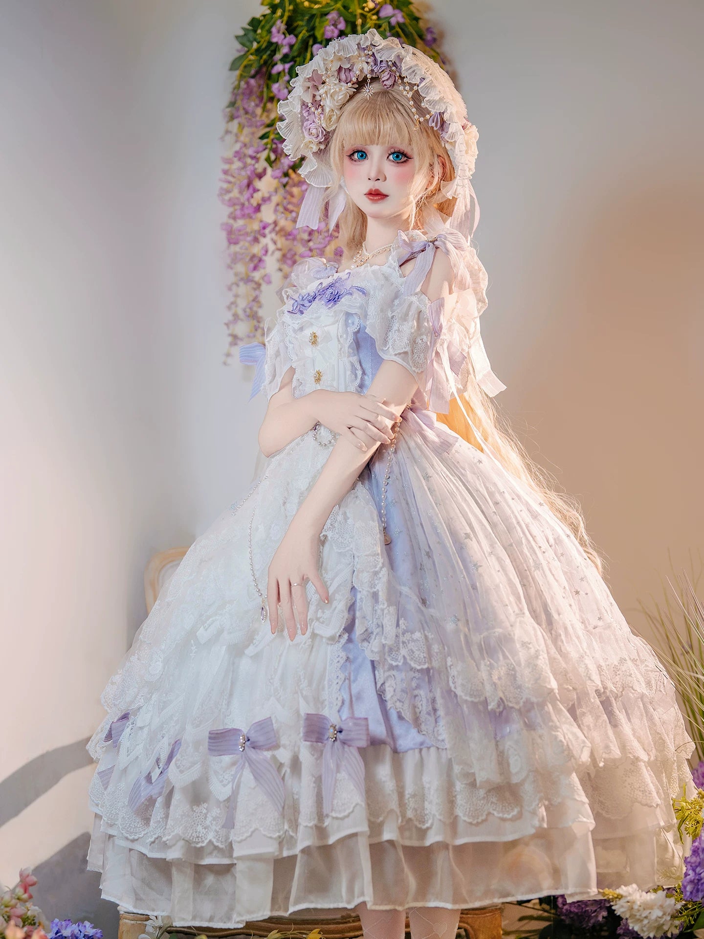 Liuli Phantom - Plus Size Classic Bridal Lolita JSK Dress, Layered Lace Hem 45741:860509