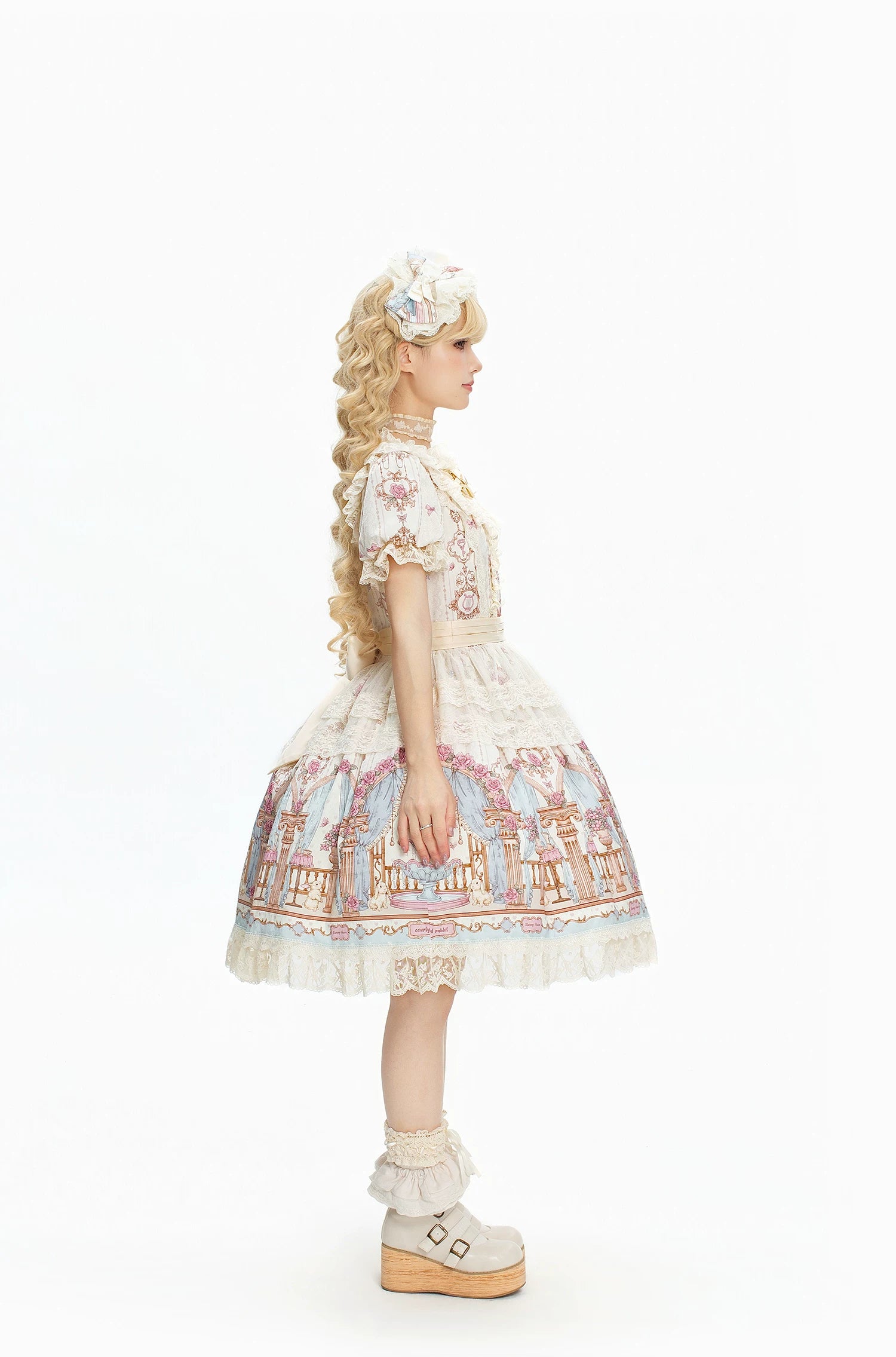 Wandering Rabbit's Palace - Doll-like Classic Lolita Palace Print OP Dress with Lace