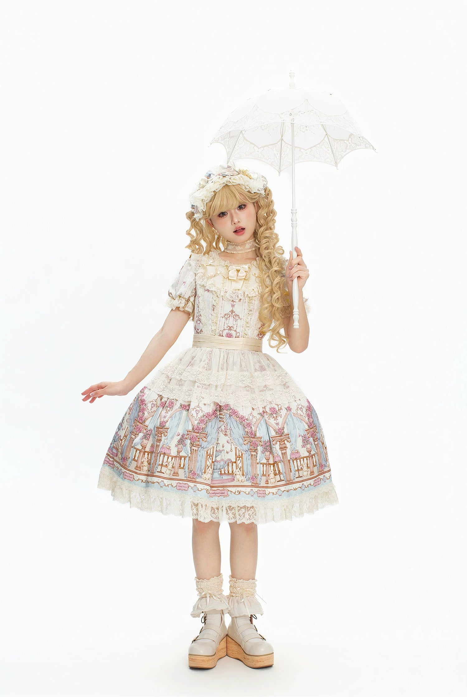 Wandering Rabbit's Palace - Doll-like Classic Lolita Palace Print OP Dress with Lace