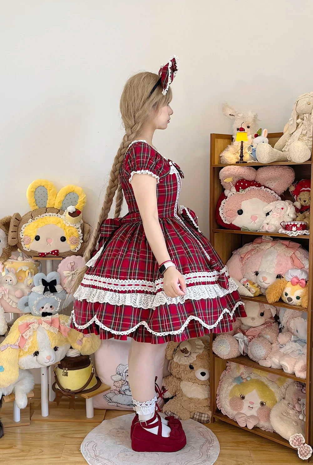Plaid Petal Bunny - Old School Lolita Plaid OP Dress, Petal-shaped Hem 44673:818324
