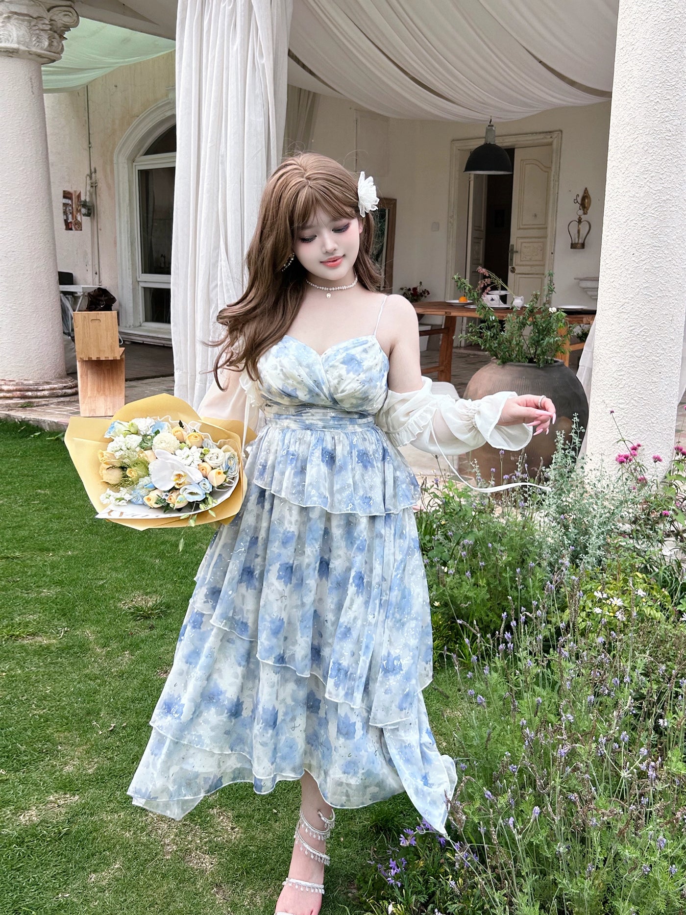 Yingtang~Plus Size Blue Lolita JSK Dress Lightweight Cardigan Set New Arrival Lightweight Cardigan XL 