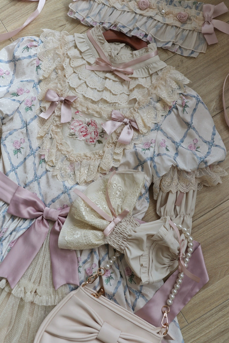 Moon River~Elegant Lolita OP Dress Short Sleeve Square Neckline Print Dress 34110:441848