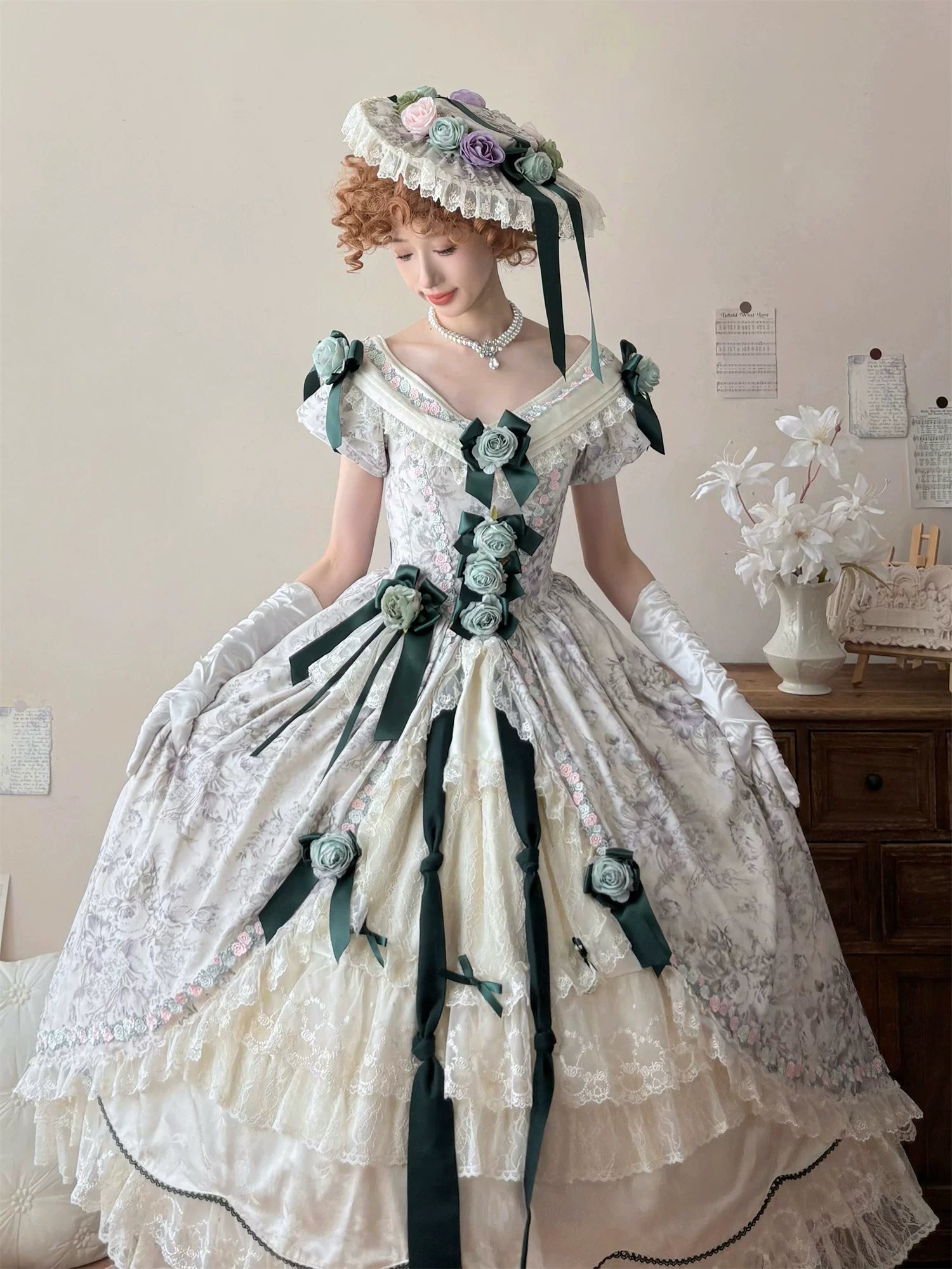 Dolota Flower Wall - Classic Lolita Floral OP Dress, Open Shoulder 44485:811116