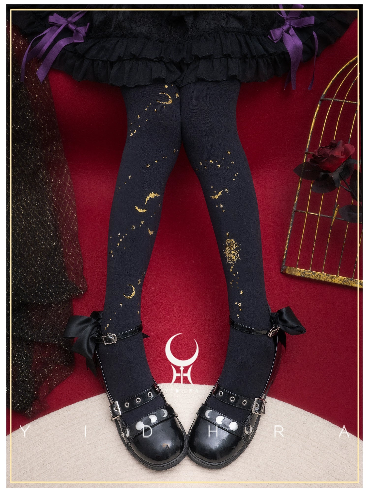 Yidhra - Gothic Lolita Pantyhose, Gold Stars & Moon Pattern 44058:793679