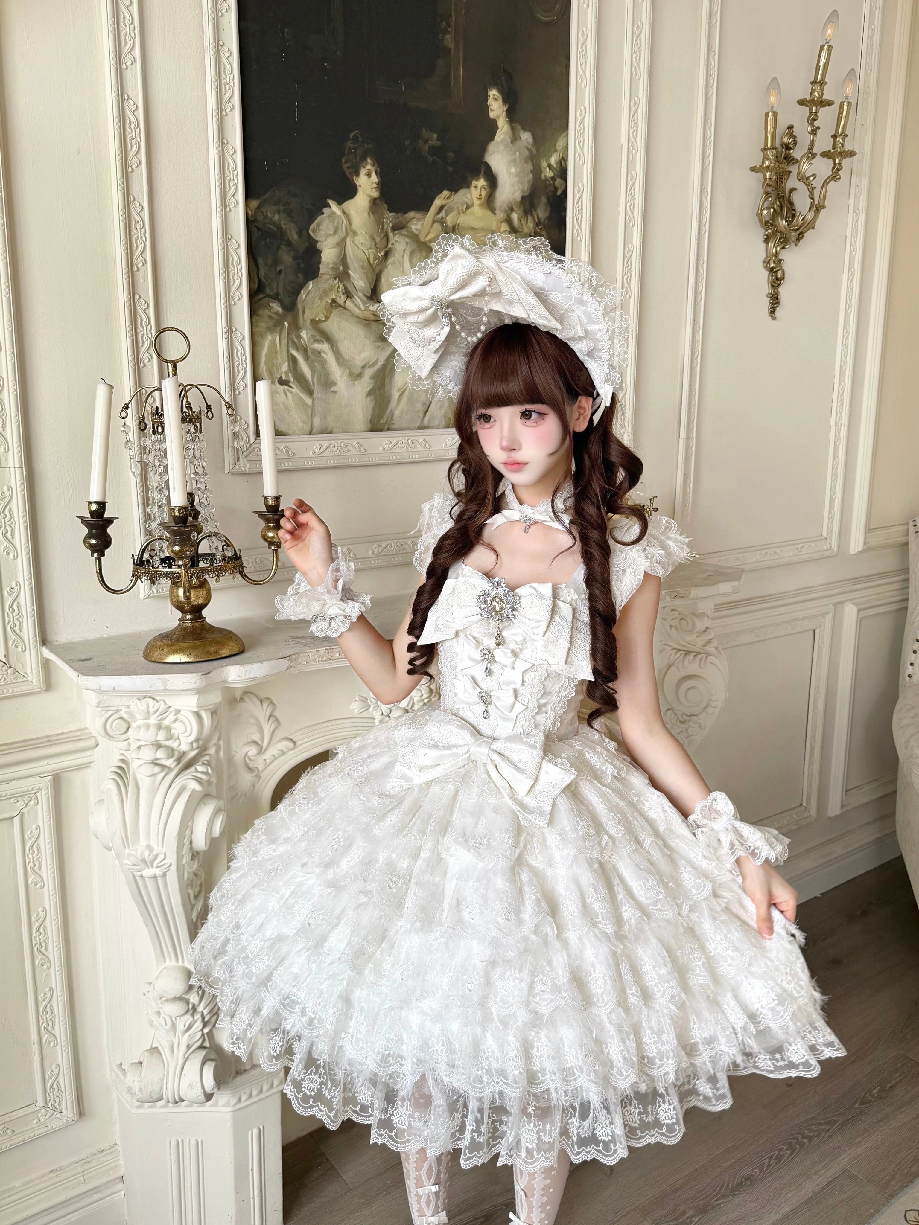 Sugar Girl - Snow Feather - Wedding Sweet Lolita JSK Dress, Multi-layered Lace Skirt 44125:797435