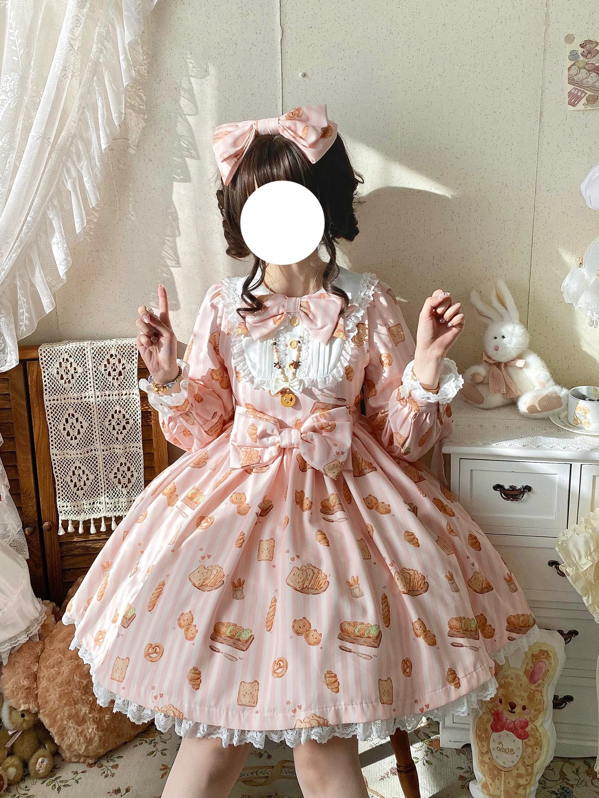 Kitten Bread - Sweet Lolita OP Dress, Cat & Bread Print