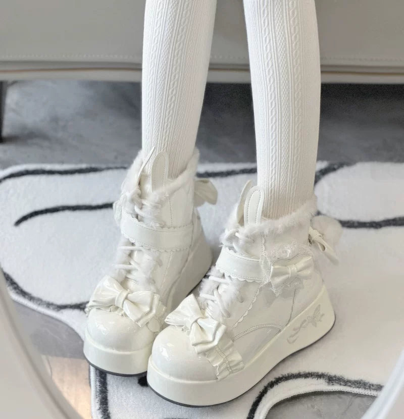 Bunny Tail - Fuzzy Kawaii Lolita Snow Boots, Detachable Plush Bow 44447:808603