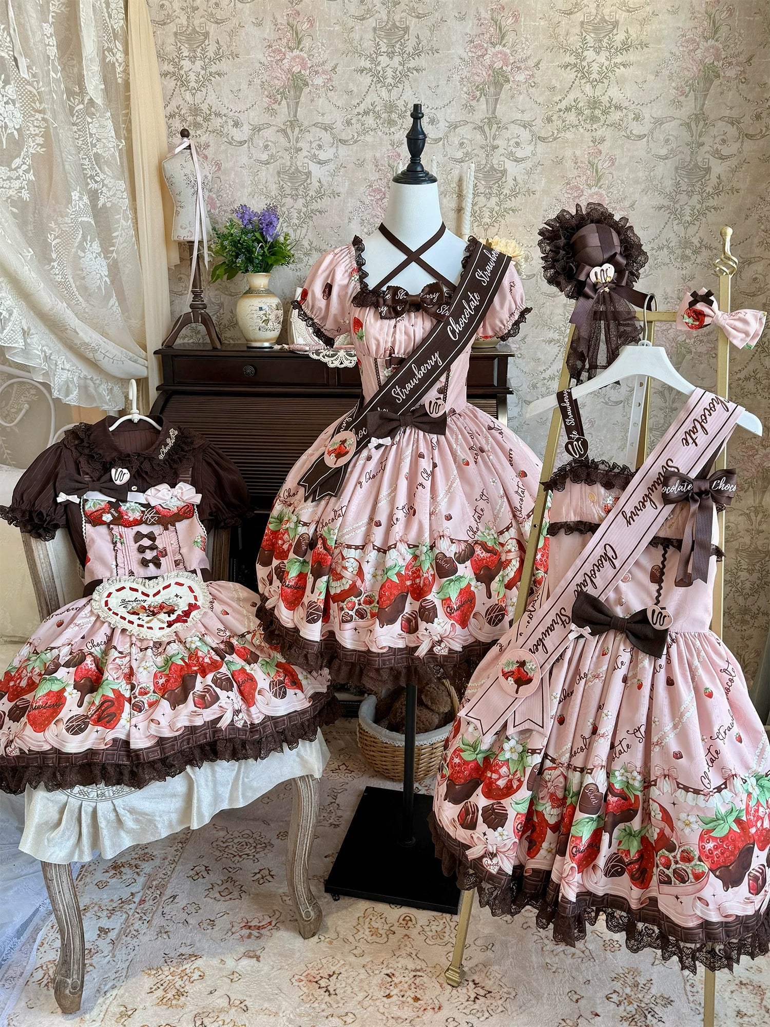 Strawberry Chocolate Lovers - Kawaii Lolita Embroidered Printed Dress 44882:840988