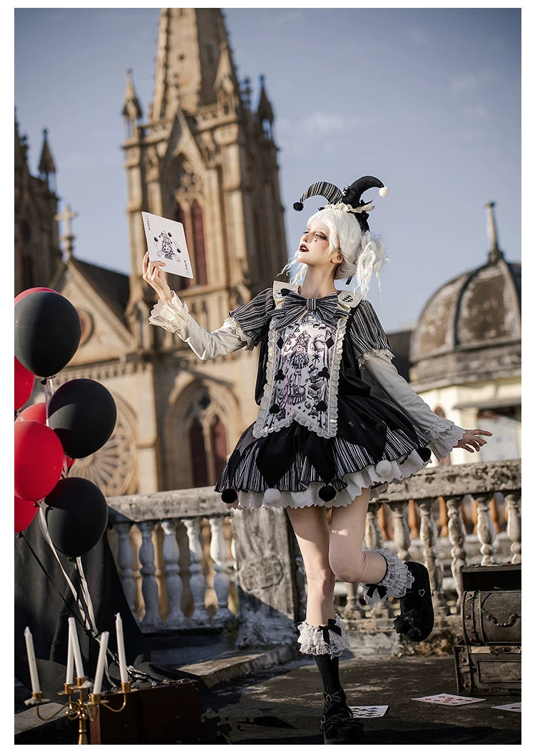 Puppet Mask - Clown Inspired Gothic Lolita OP Dress, Loose Fit 44409:807129