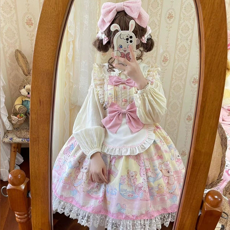 Hanguliang - Sweet Bunny Bear - Sweet Lolita Jumper Dress Cute JSK S Yellow JSK only