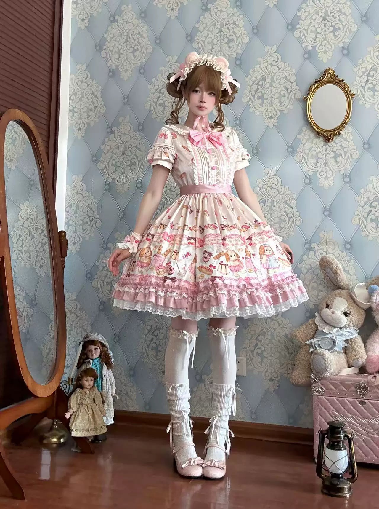 Full Sugar Bakery - Sweet Lolita Puppy Dessert Print OP Dress with Bows