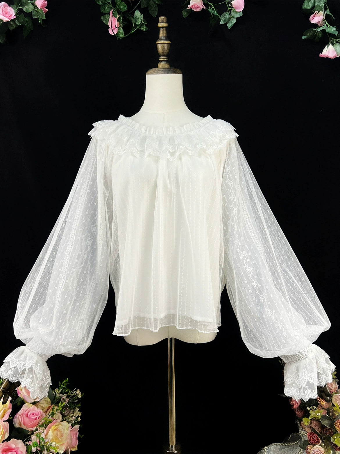 DMFS - Long Sleeve Lolita Shirt Gauze Blouse Mutton Sleeves milky white One Size