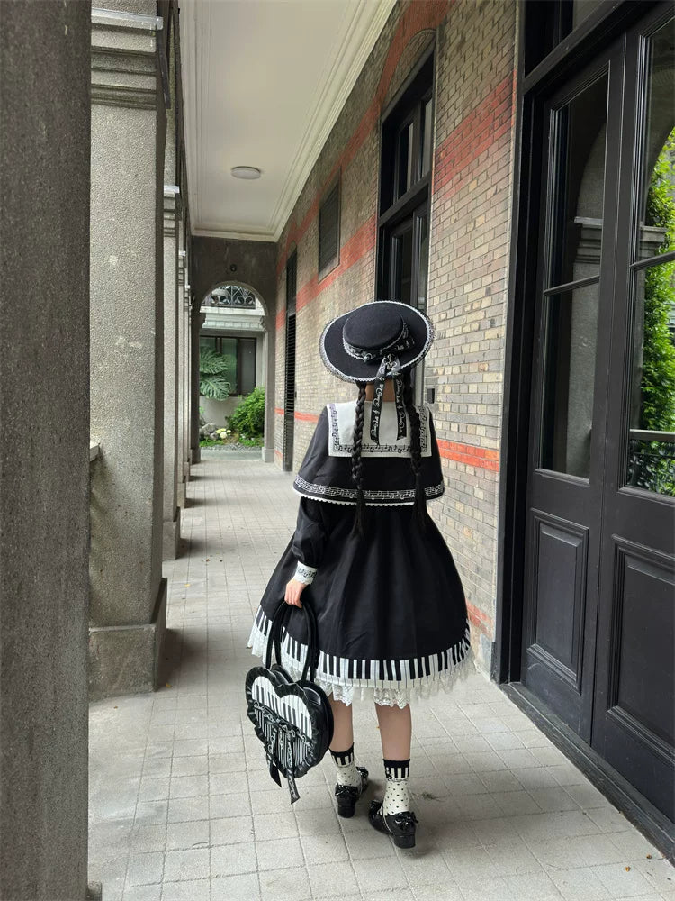 Piano Serenade - Old School Lolita Cape Layered Dress, Musical Note Embroidery 45785:862511