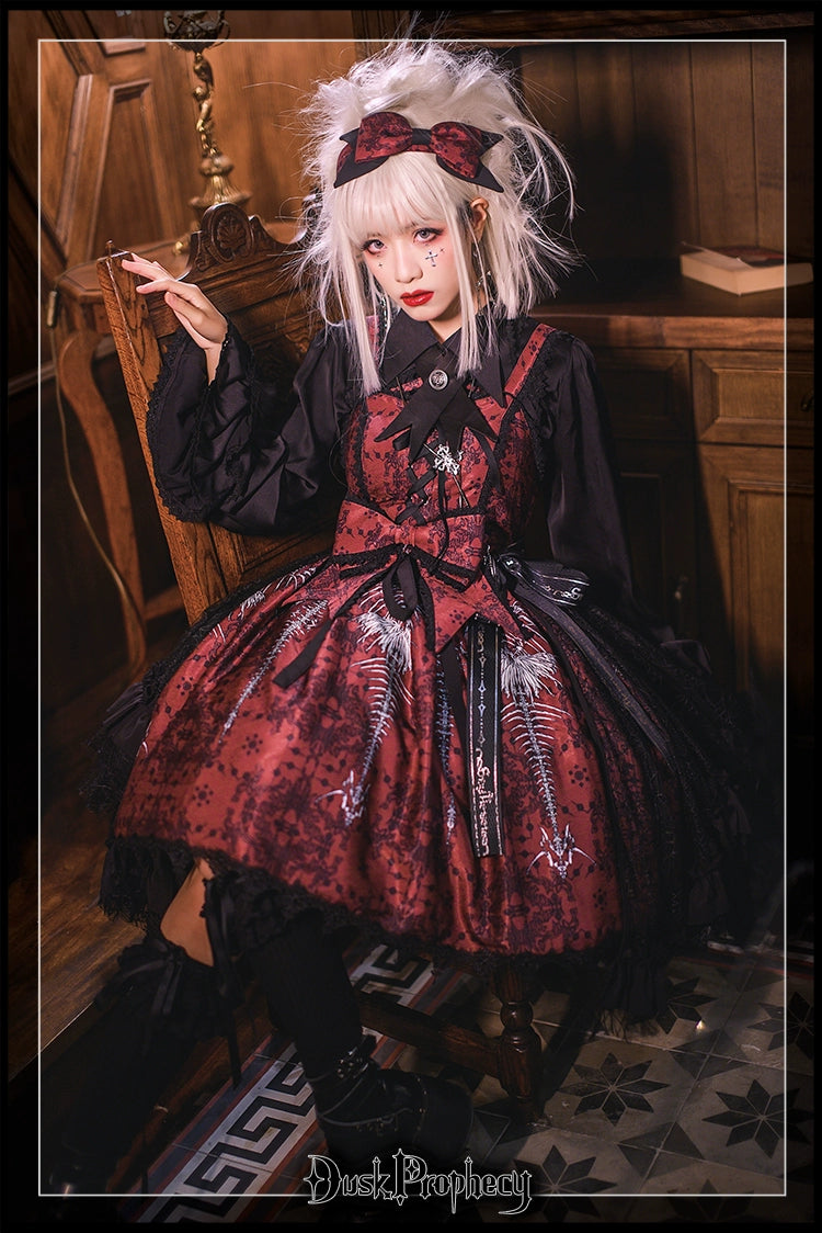 DuskProphecy - Coccyx - Elegant Lolita Dress High Waist Fishbone Print JSK Set 34722:466382