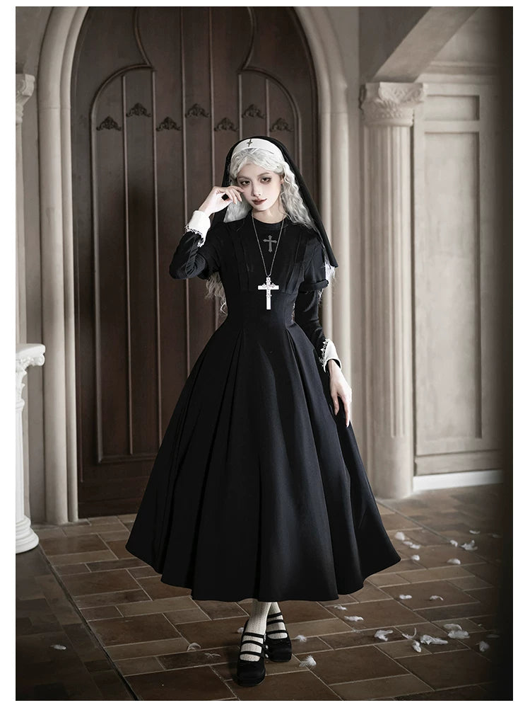 Nihil - Gothic Nun Lolita OP Dress, Irregular Hem Cape