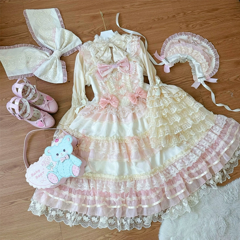 Hanguliang - Star Love Song - Wedding Sweet Lolita JSK Suit Doll-like Dress Apricot bow trailing (only one) S