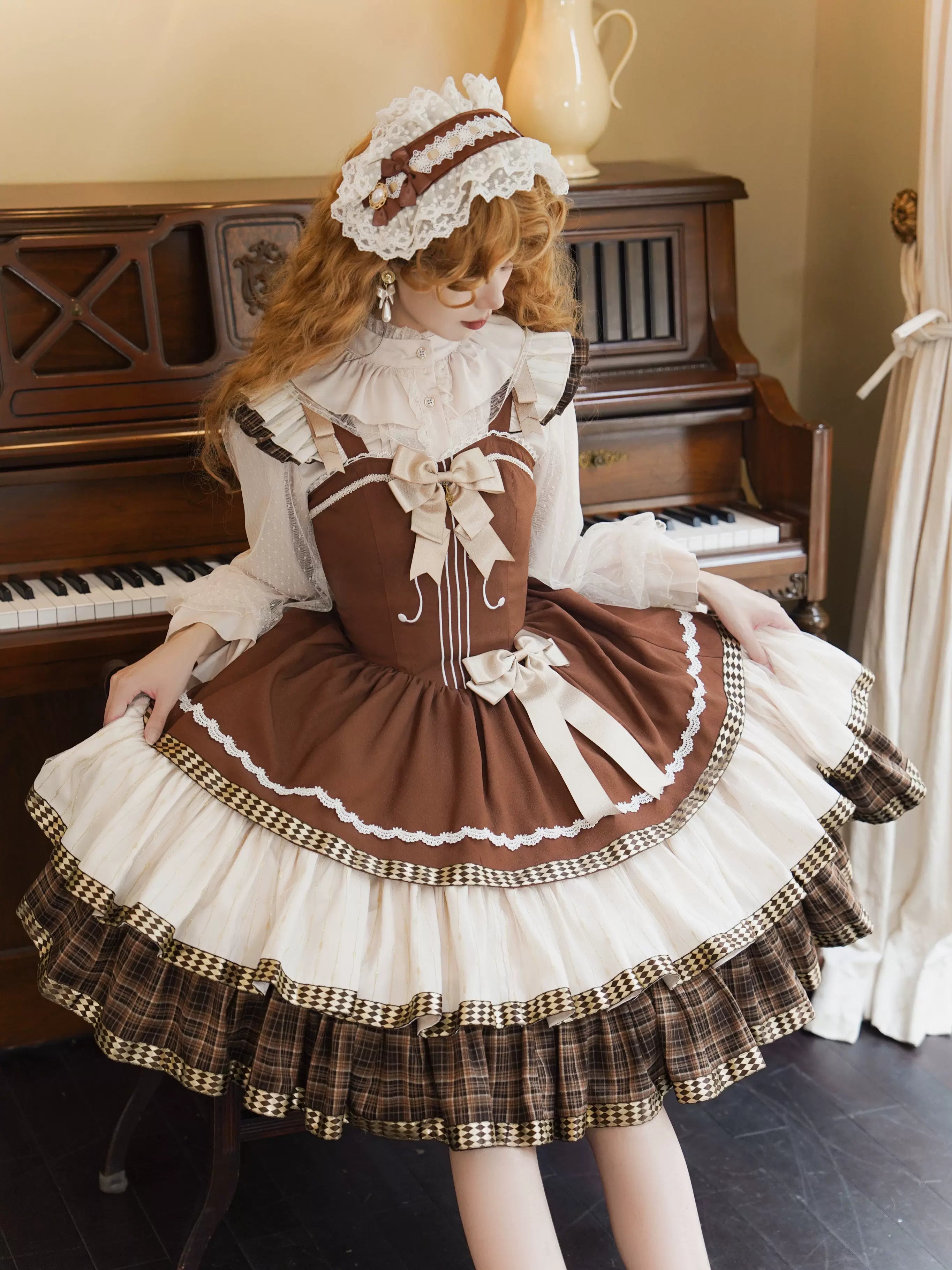 Krncrlo - Cello Vintage Elegant 3 Tiered Lolita Jumper Dress S Chocolate JSK