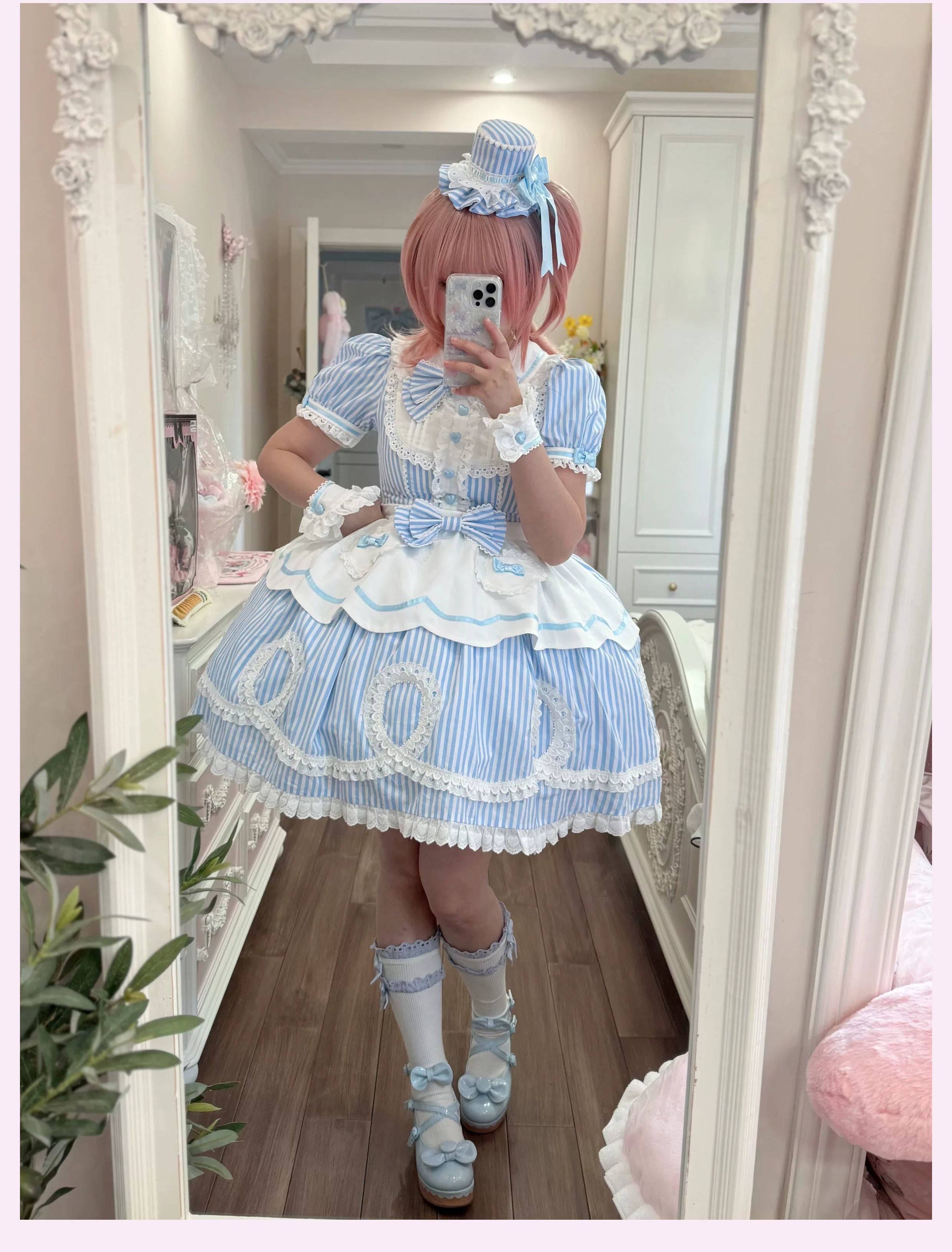 Candy Shop Manager - Old School Lolita Striped OP Dress, Detachable Apron 44788:822081