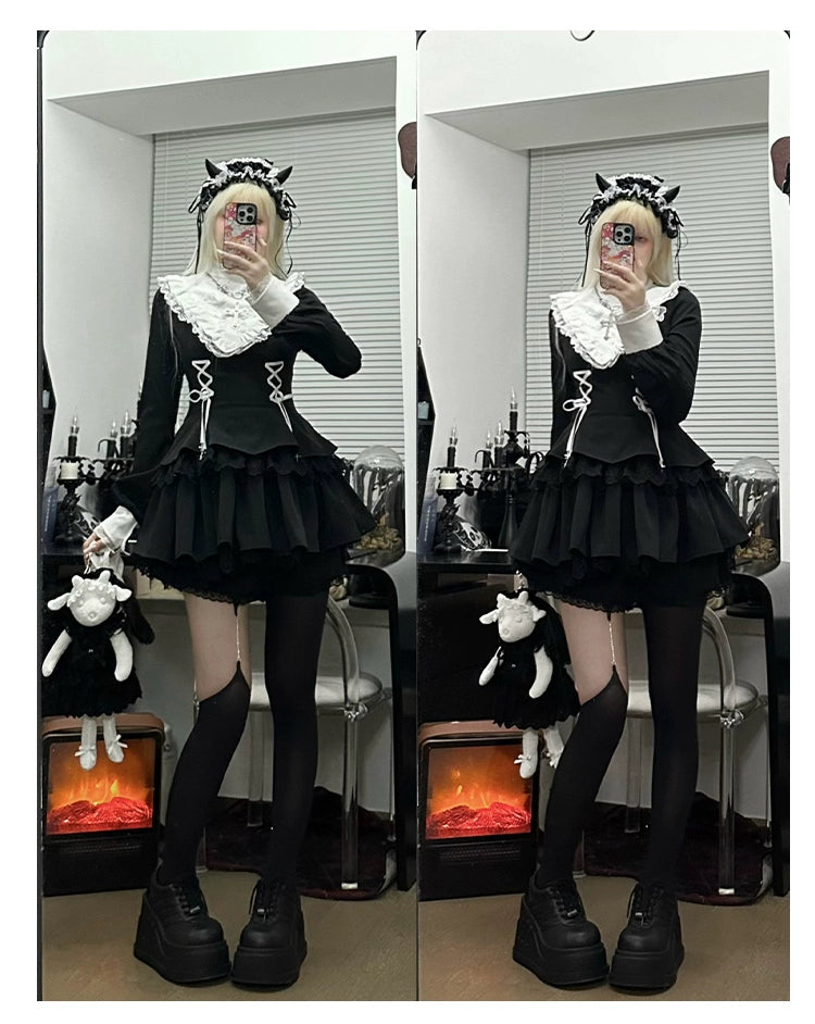 With Puji - Doki - Twin Lolita OP Black/White Goth Dress with Pocketed Shorts