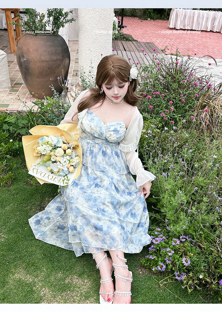 Yingtang~Plus Size Blue Lolita JSK Dress Lightweight Cardigan Set New Arrival   
