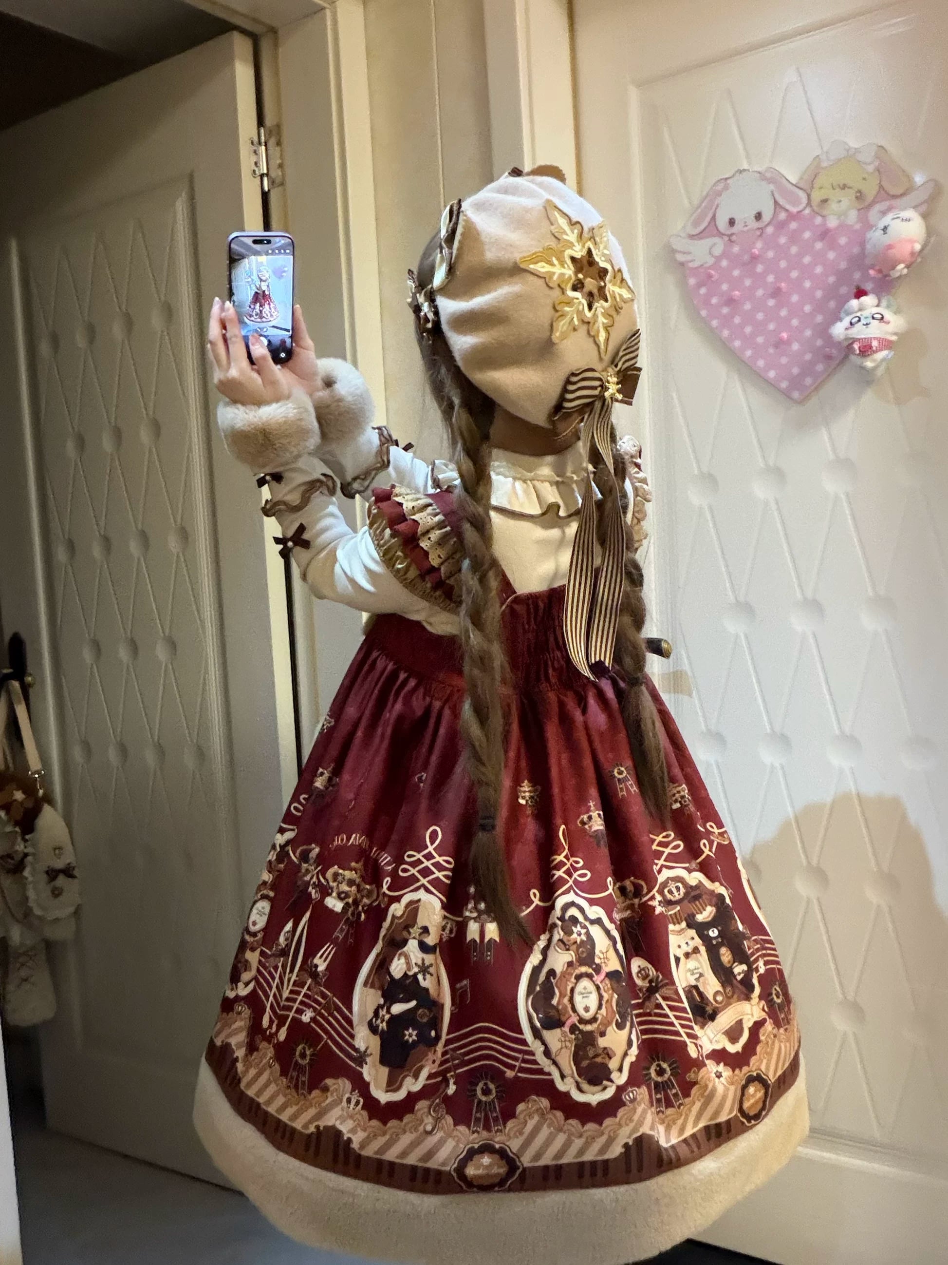 Cream Bear - Print Kawaii Lolita Fake Two-Piece OP, A-lined JSK Dress 44502:811647