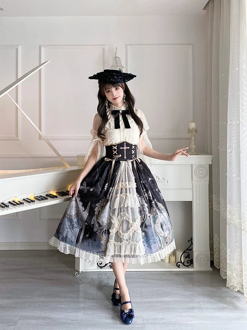Clock Butterfly - Gothic Lolita Printed Blouse and Corset Skirt Set 45449:848809