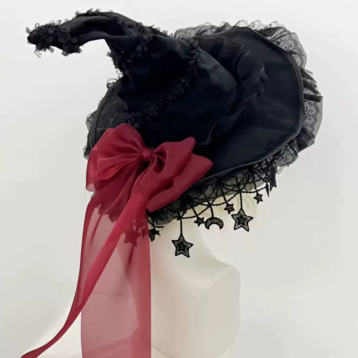 Gothic Lolita Witch Hat, Detachable Bow Red Hat (with moon & star brim) + Red Bow