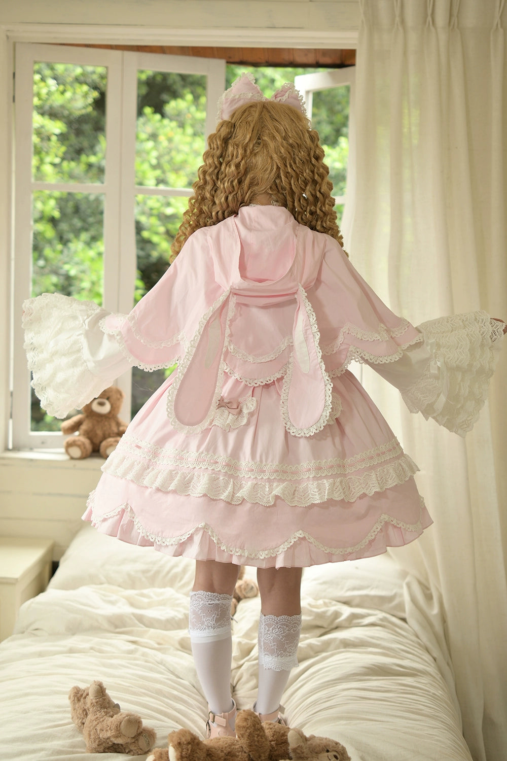Vintage Petal Rabbit - Pure Cotton Kawaii Lolita Cape With Rabbit Ear Hood 43138:767086
