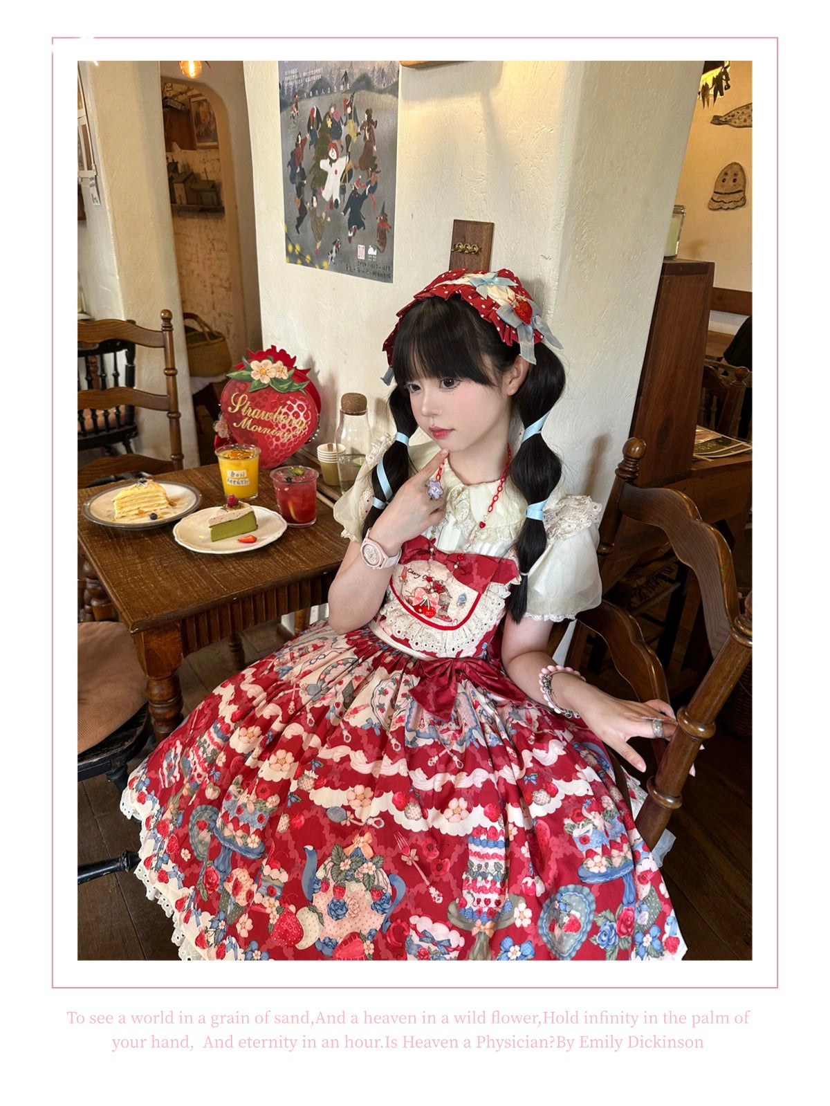 Rose Whispers - Strawberry Tata - Sweet Lolita Dress Suit With Strawberry Cake Print 43173:769144