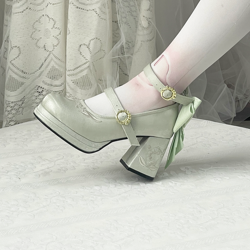 Dreamland - Dreamlike Lily of the Valley - Classic Lolita Platform Shoes with Back Large Bow Grass Green 34