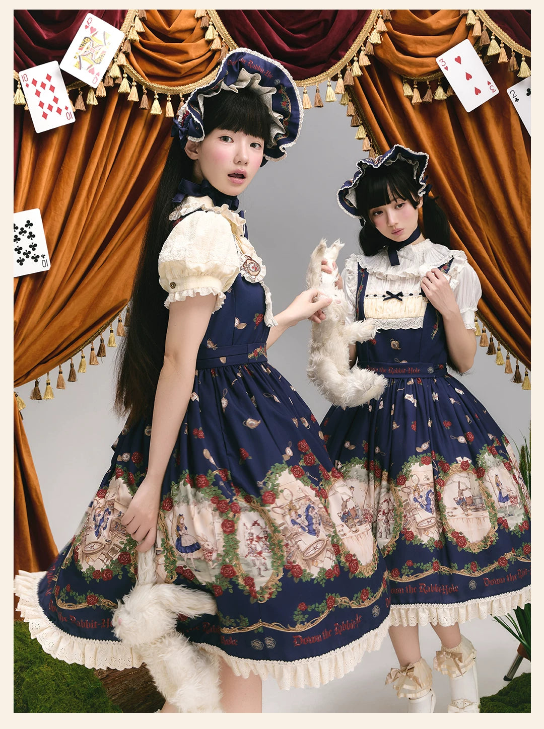 Down the Rabbit Hole - Daily Wear Classic Lolita OP & JSK Dress, Alice in Wonderland Print 46008:871987