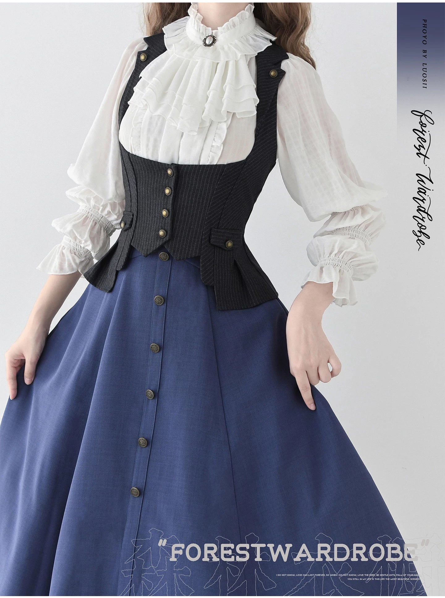 Misty Forest - White Classic Lolita Long Sleeve Blouse, Detachable Jabot