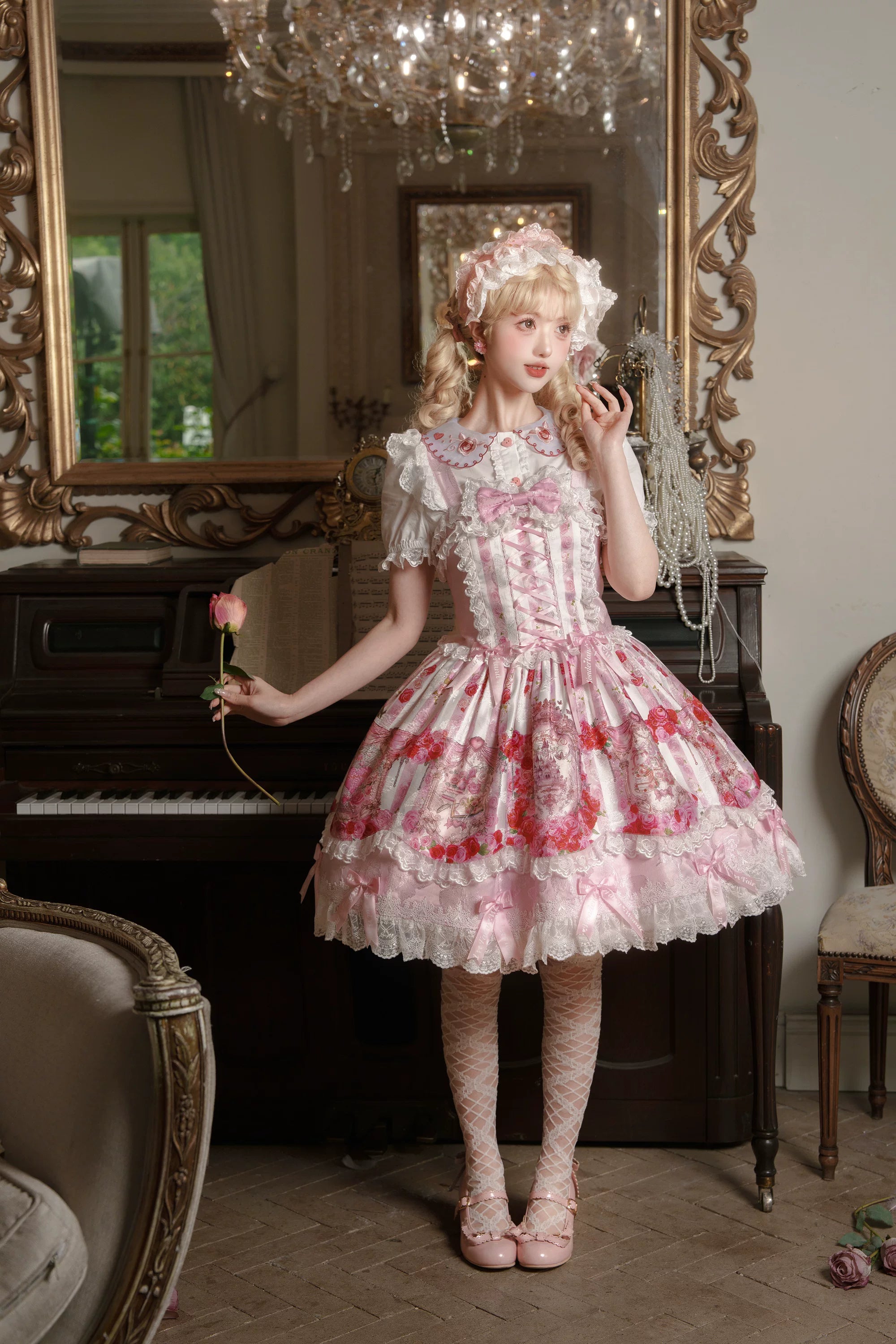 Rose Dream Isle - Sweet Lolita Rose Wall Print Dress, Embroidery & Bows