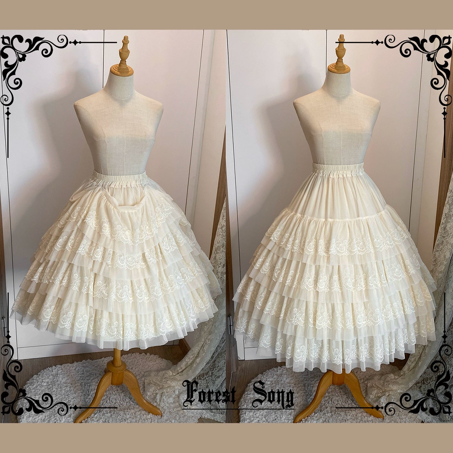 Forest Song - Star and Sea - Classic Lolita Petticoat Adjustable Tiered Ruffle Skirt Apricot underskirt only One Size