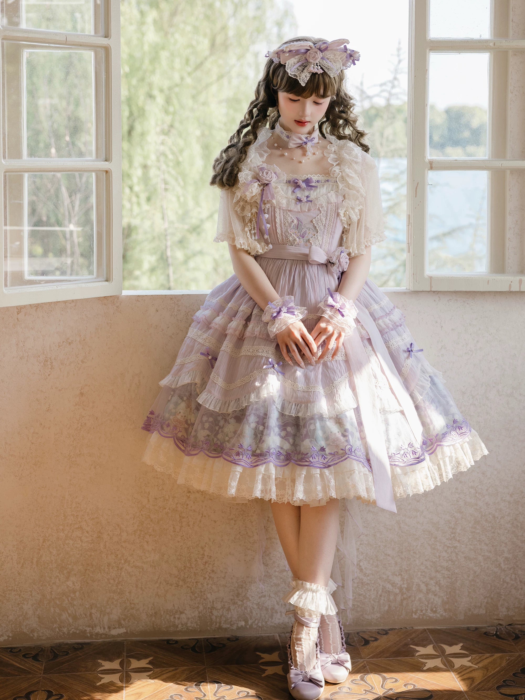 Lily of the Valley Lamb - Classic Lolita Tiered Hem JSK Dress with Embroidery 45277:852049