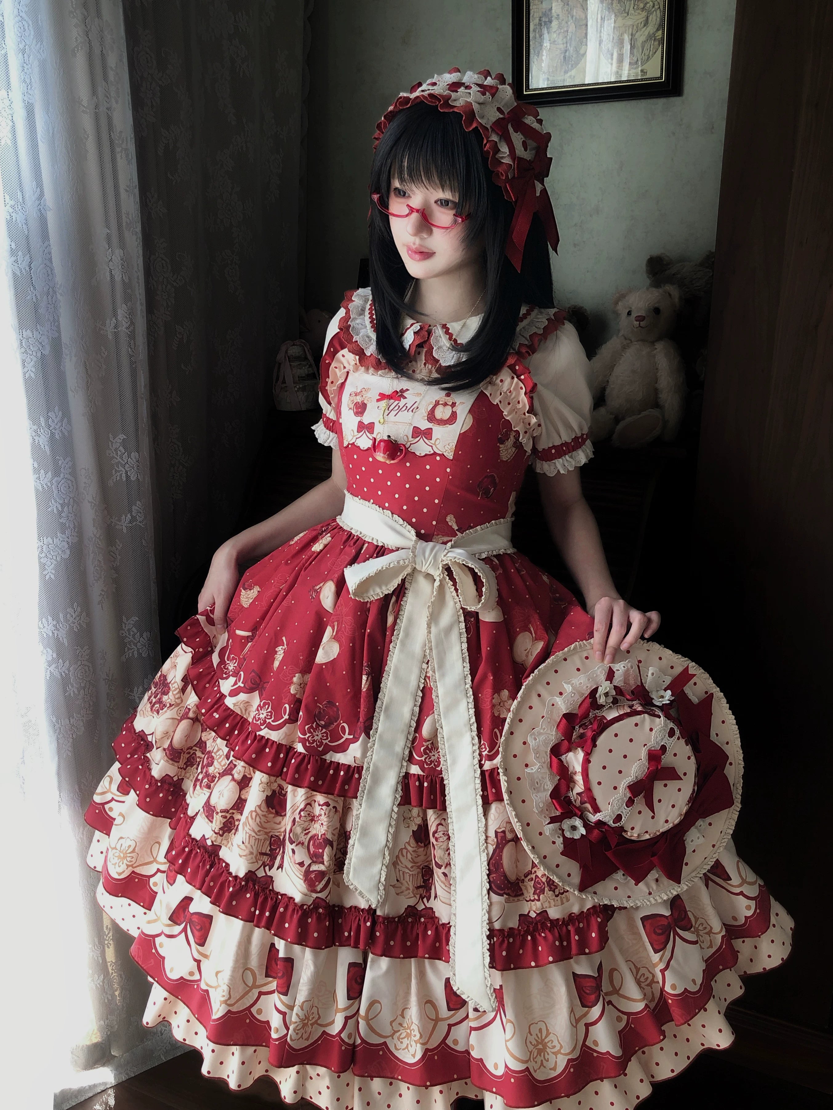 A Red Apple - Sweet Lolita JSK Dress, Tiered Hem Apron
