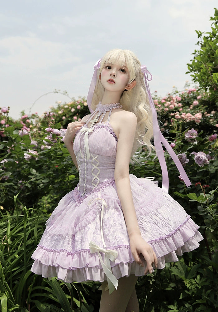 Alice Girl - Cross Maiden - Gothic Lolita Purple JSK Dress With Cross Halterneck & Voile Overlay