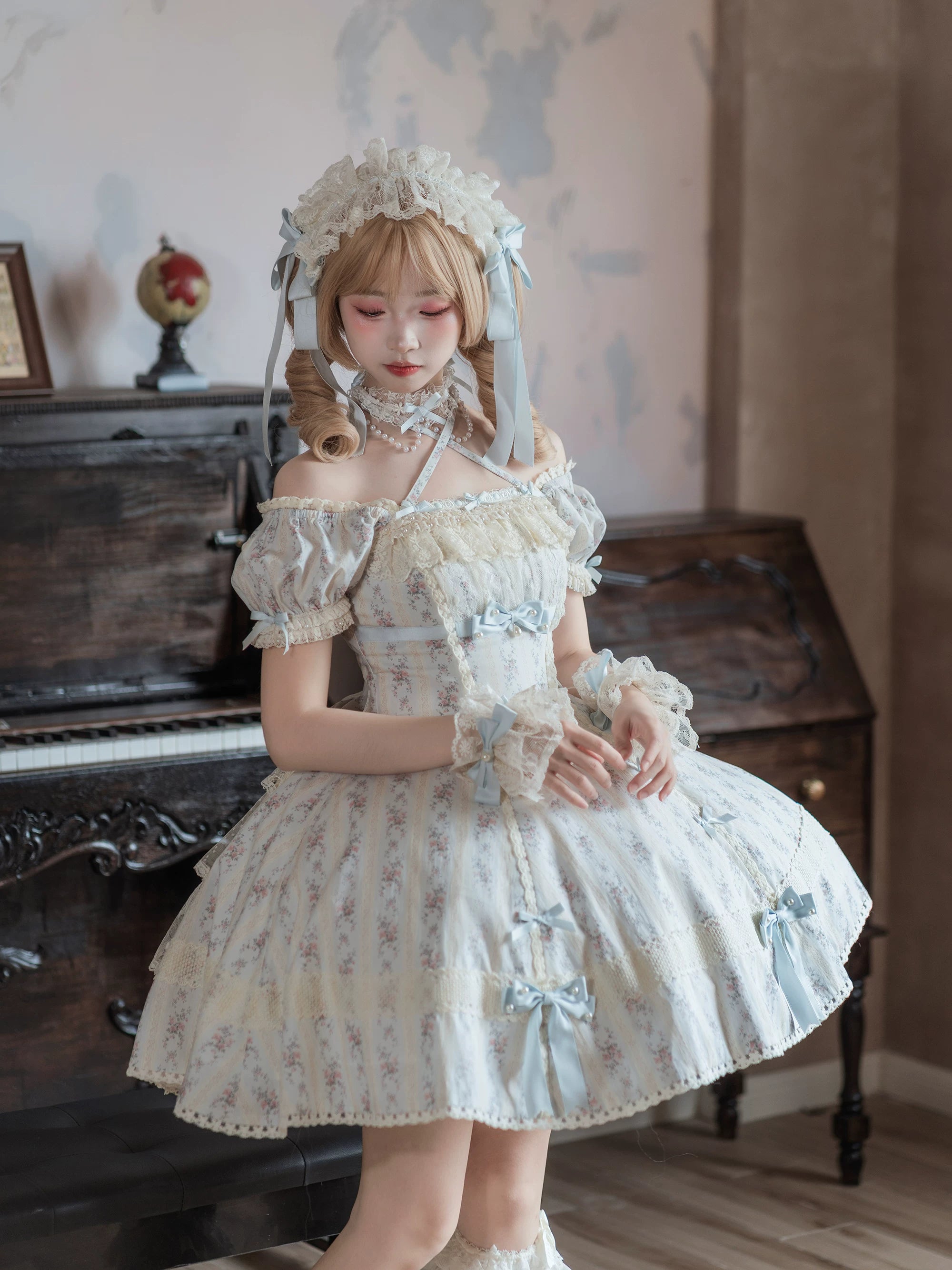 Garden Encounter of Three Springs - Cotton Old School Lolita Floral Print OP, Lace Back Opening (L M S XL) 45674:858610