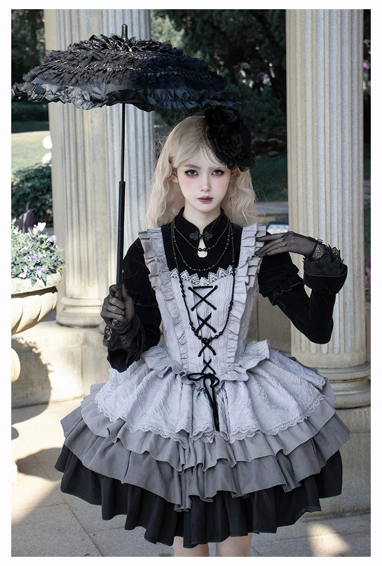 With Puji - Innocent Talk - Halloween Chinese Style Lolita OP Black-silver Gray Dress