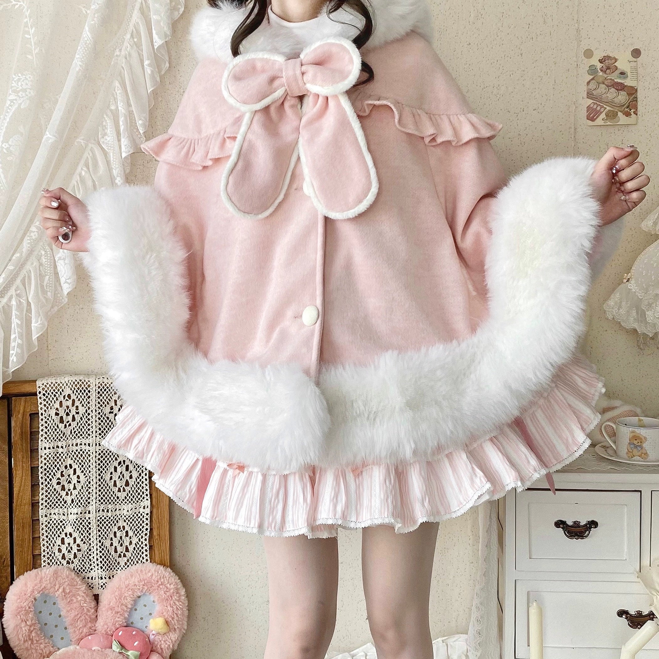Qianmu - Lop Bunny - Kawaii Lolita Plush Hooded Cape 43850:787096