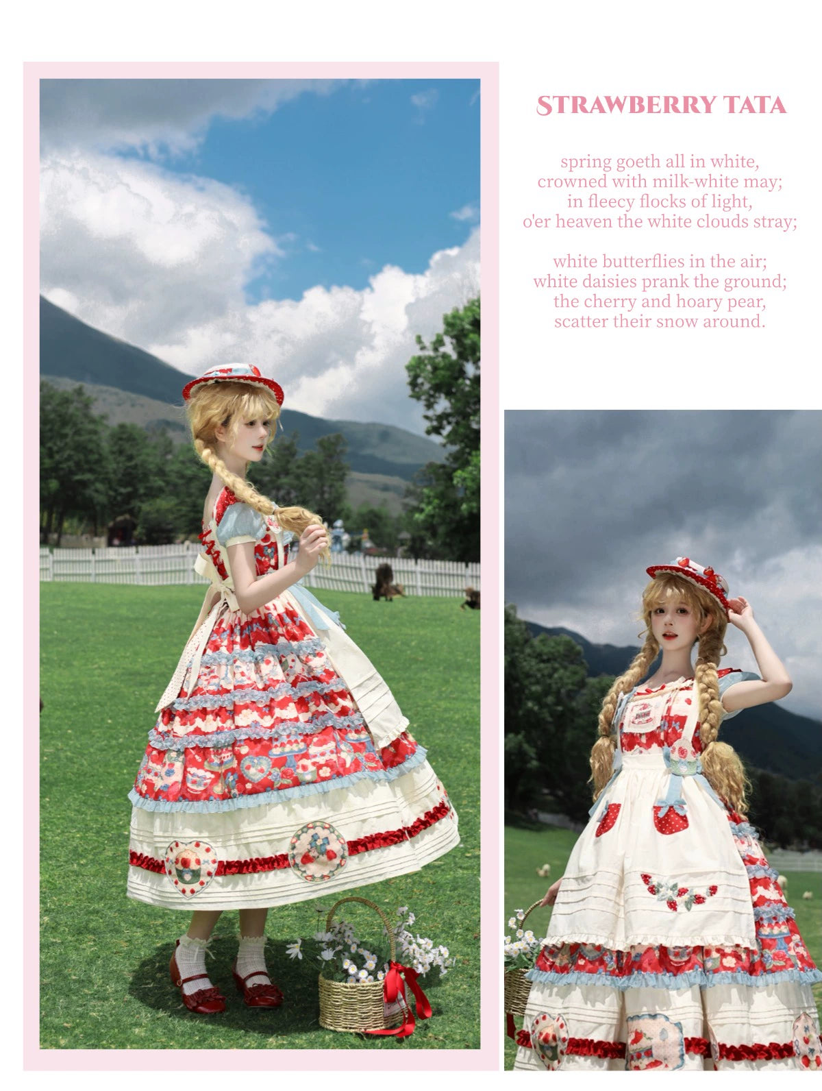 Rose Whispers - Strawberry Tata - Sweet Lolita Dress Suit With Strawberry Cake Print 43173:769154