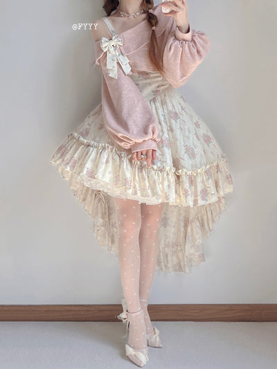 KuMa Lolita～Twilight Rose~Sweet Lolita Dress Sweater and JSK S pink long dress+pink sweater 