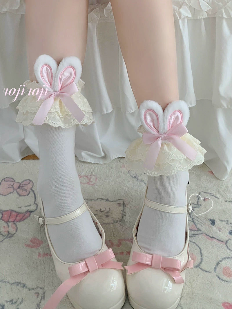Roji Roji - Sweet Lolita Cotton Socks, Bunny Ear & Ribbon Bow 44135:796841