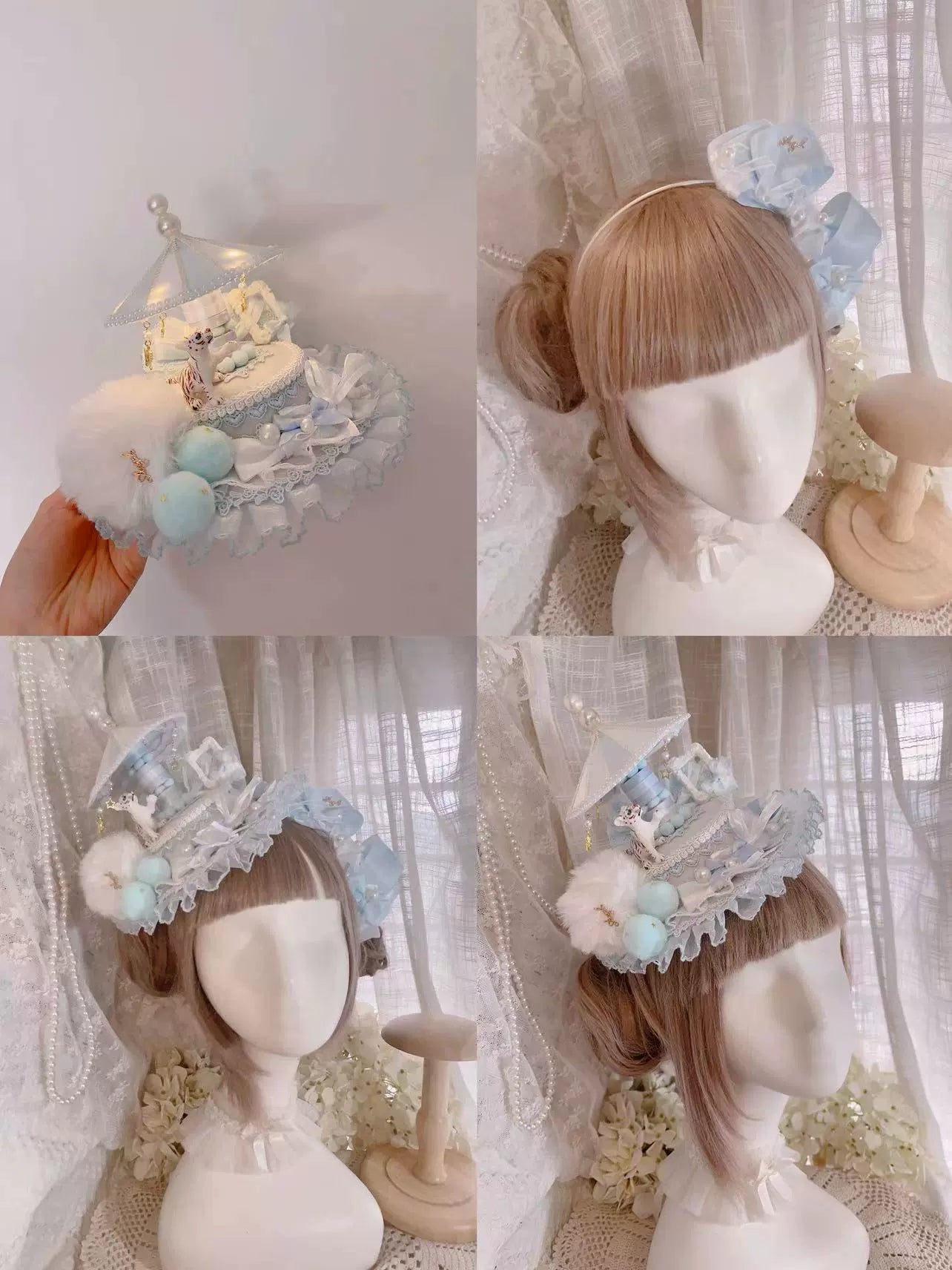 Cat Box - Night Party - Kawaii Lolita Small Top Hat KC Headdress Tiger blue white Hat