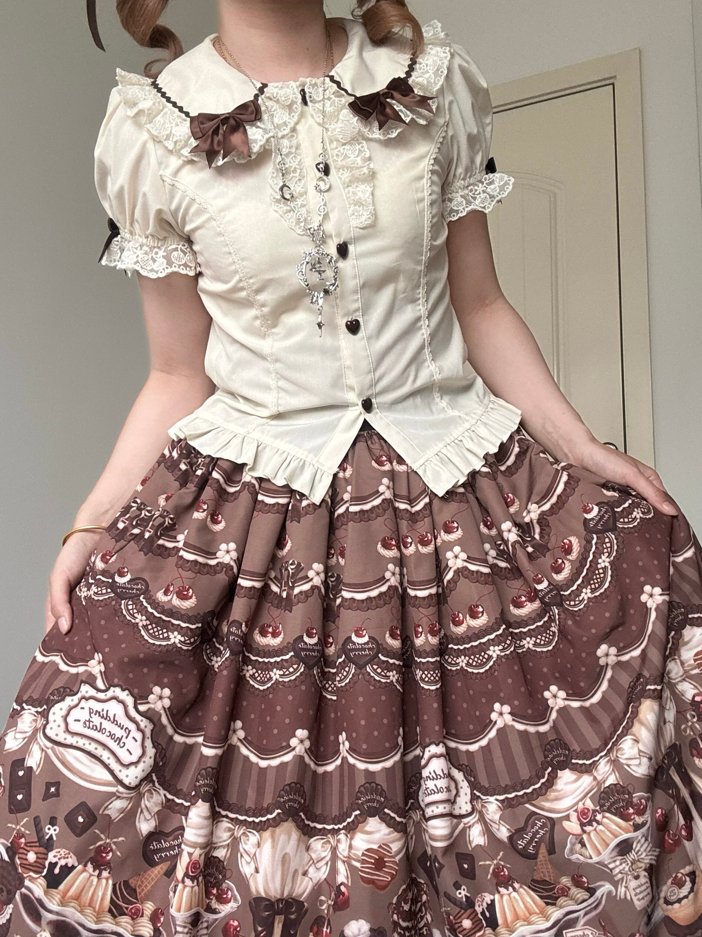 Cherry Choco Bear - Kawaii Lolita Elastic Skirt, Dessert and Cherry Print