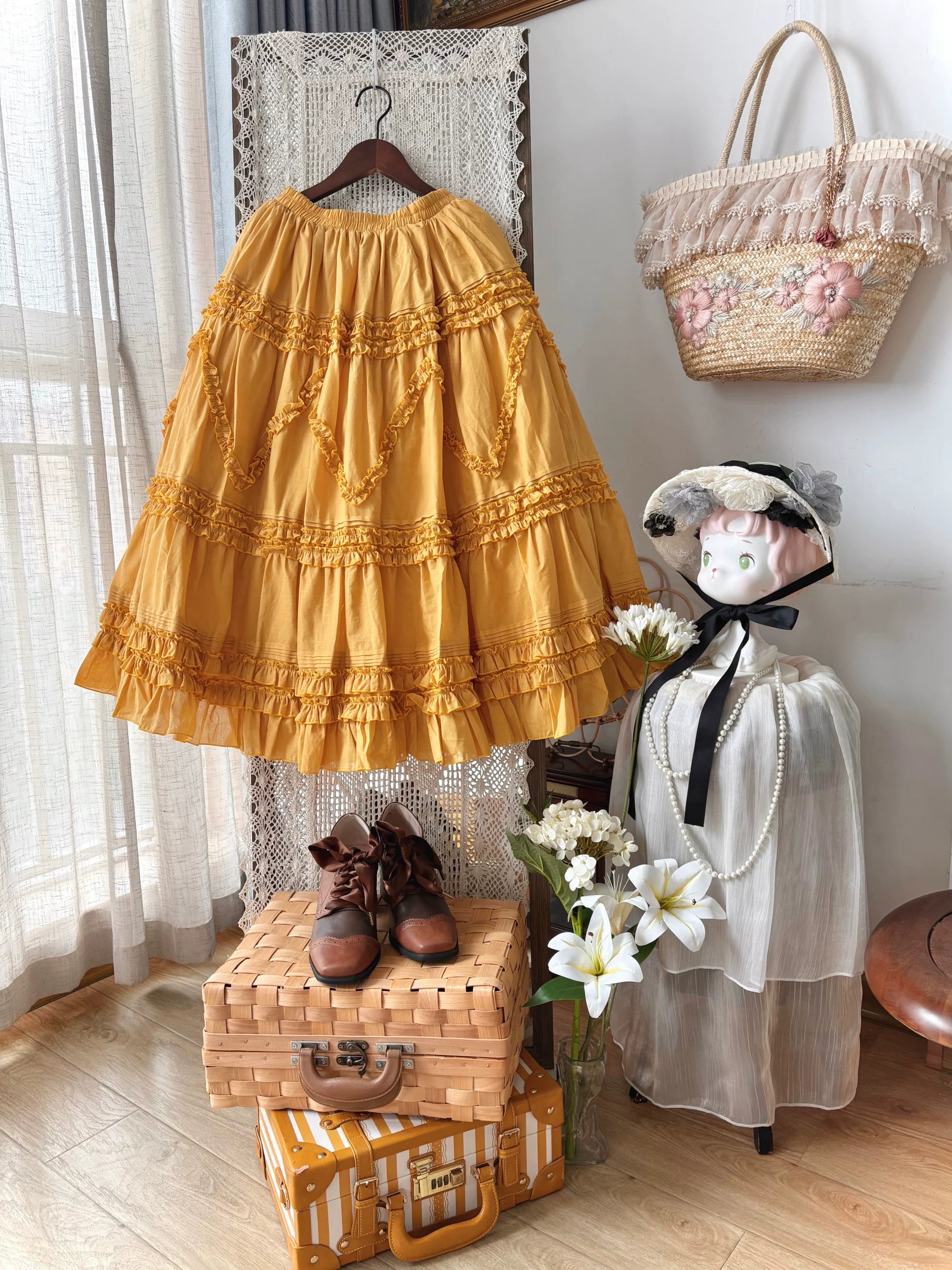Country Lolita Underskirt, Cotton & Tiered Ruffles Turmeric Yellow S